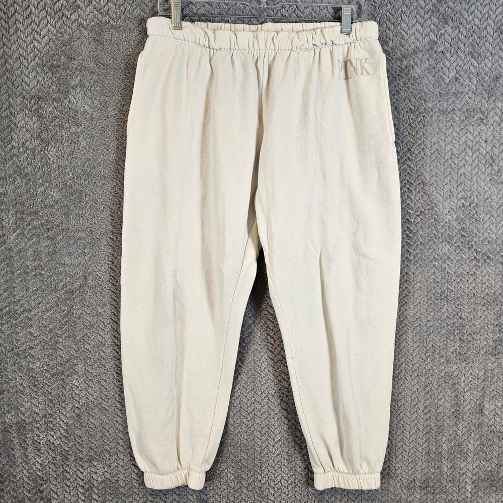 PINK Victoria's Secret Womens Jogger Sweatpants Cream Oatmeal‎ Logo Large